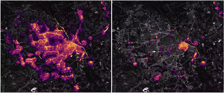 Two satellite images show how much of the Atlanta area lost power in Hurricane Helene.