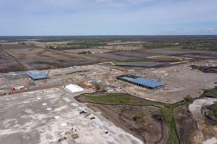 An aerial view of a large construction site.