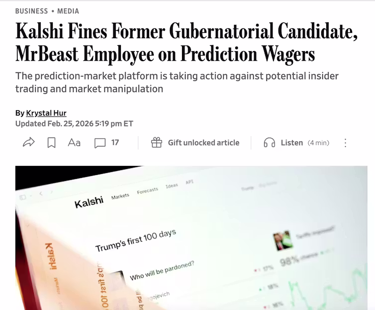 A screenshot of a headline from The Wall Street Journal that says 'Kalshi Fines Former Gubernatorial Candidate, MrBeast Employee on Prediction Wagers.'