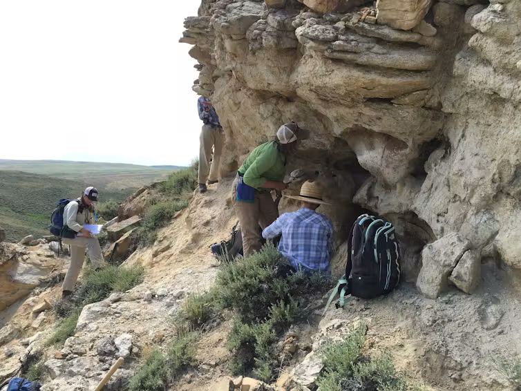 Three scientists work on an outcropping overlooking an expanse of forest.